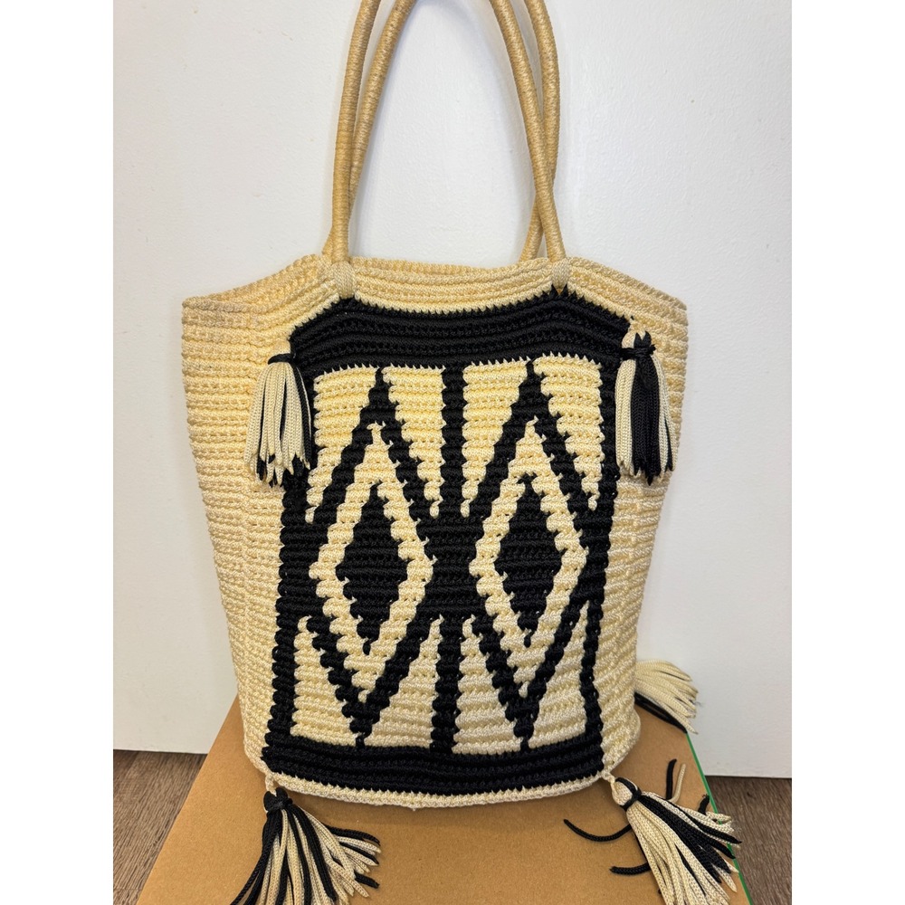 Sensi Studio Woven Geometric Tassel Tote Bag Cream Black Crochet Ecuador $195